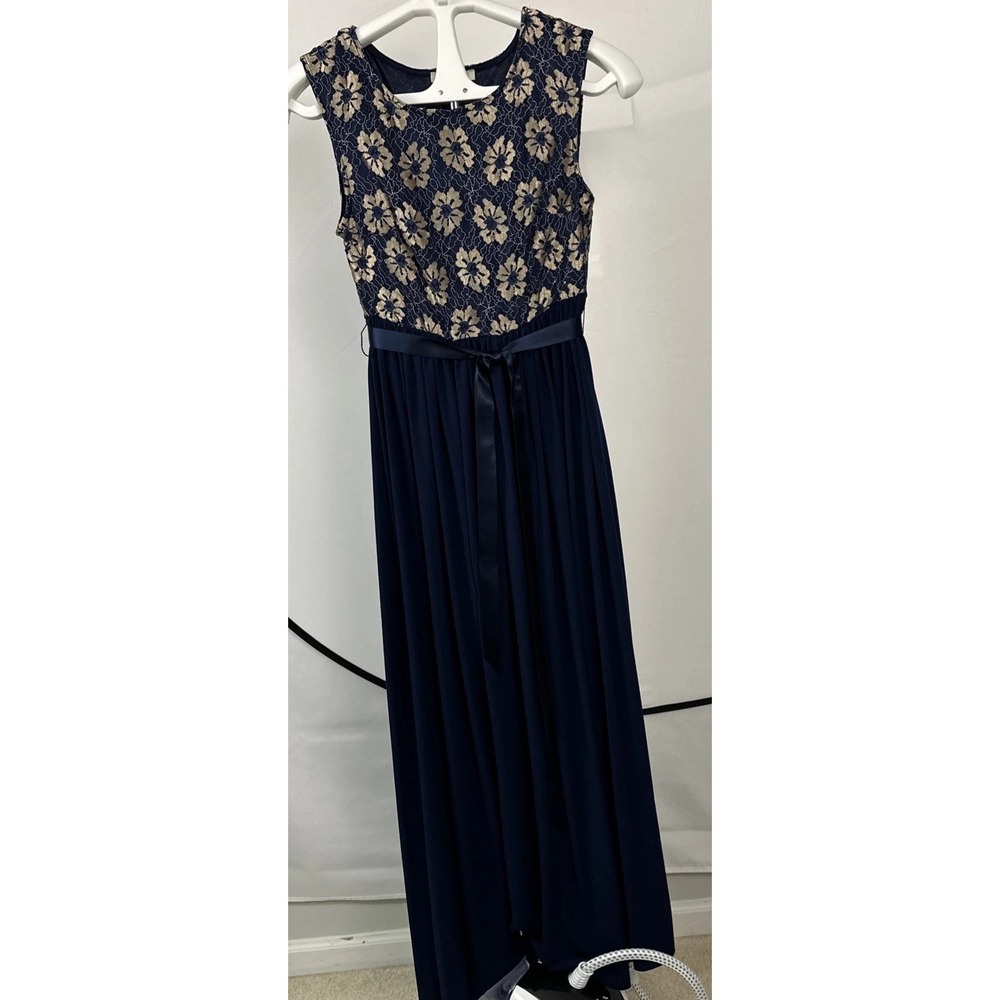 Haani Petite Sleeveless Navy Blue Dress Women's Sz PM Floral Lace Pleated skirt
